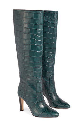Lk Bennett Margret Croc Embossed Knee High Boot In Gre-sea Green
