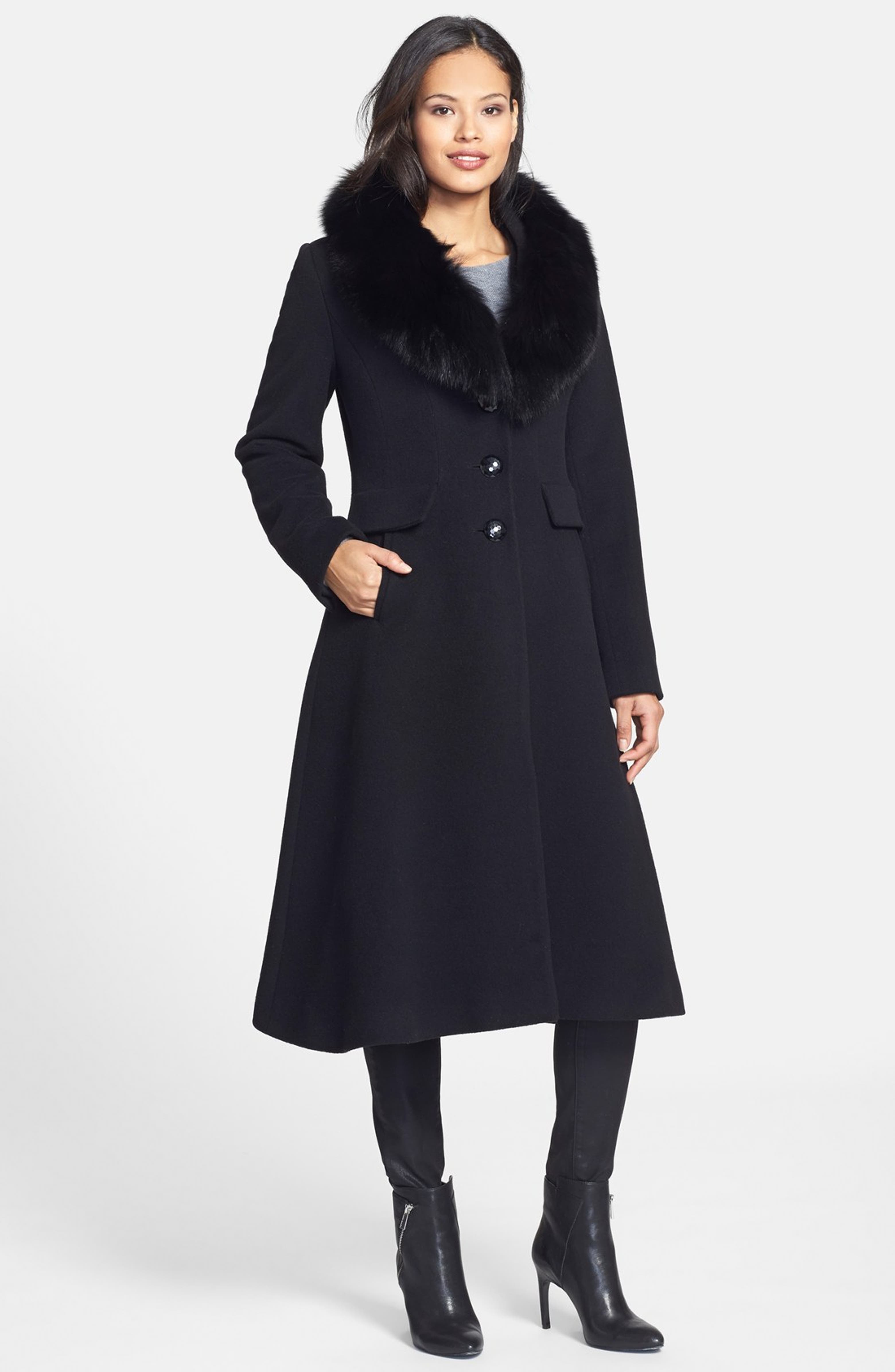 George Simonton Couture Wool Blend Coat with Genuine Fox Fur Collar ...