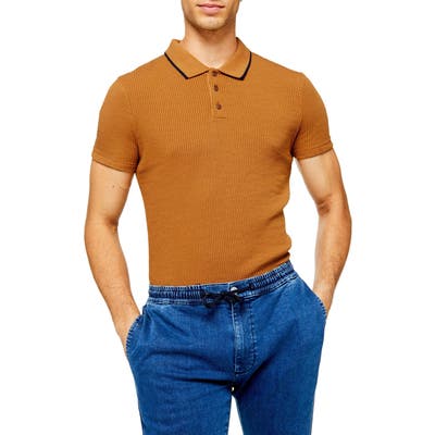 Topman Snit Classic Fit Ribbed Polo, Brown