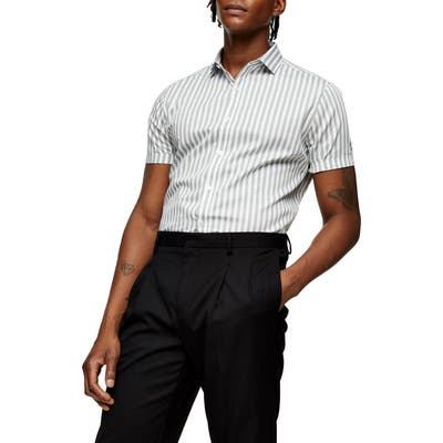 Topman Bengal Stripe Short Sleeve Button-Up Shirt, Green