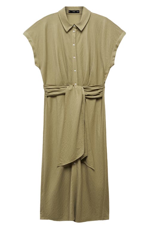 Mango Ruched Front Slinky Midi Dress In Bright Pink In Khaki Green