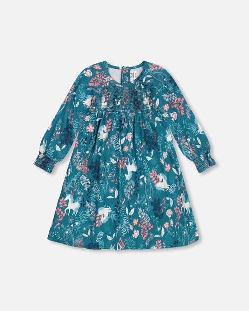 Shop Deux Par Deux Little Girl's Puffy Long Sleeve Viscose Dress Turquoise Printed Fairy Unicorn In Unicorn In The Fields