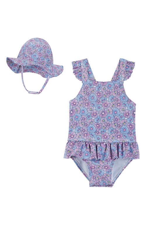 Andy & Evan Bubble Ruffle One-Piece Swimsuit & Hat Set in Purple Floral at Nordstrom, Size 3-6M