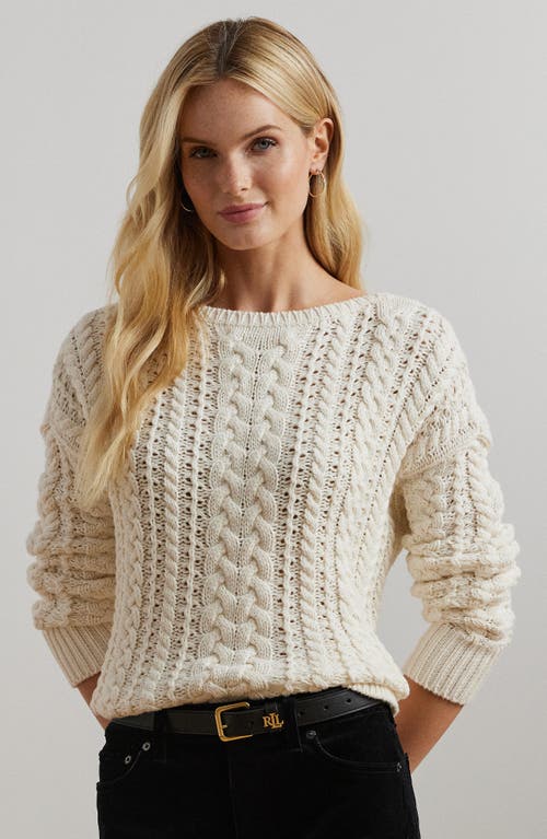 Shop Lauren Ralph Lauren Cable Stitch Cotton Blend Sweater In Mascarpone Cream