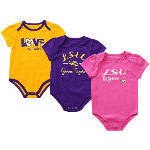 Girls Newborn & Infant Colosseum Purple/Gold/Pink LSU Tigers Formula 3-Pack Bodysuit Set