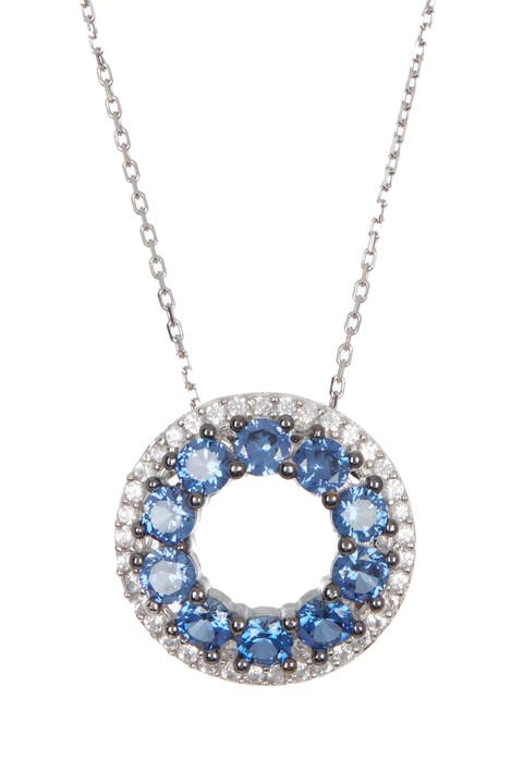 Sterling Silver Sapphire Circle Diamond Accent Pendant Necklace - 0.02 ctw