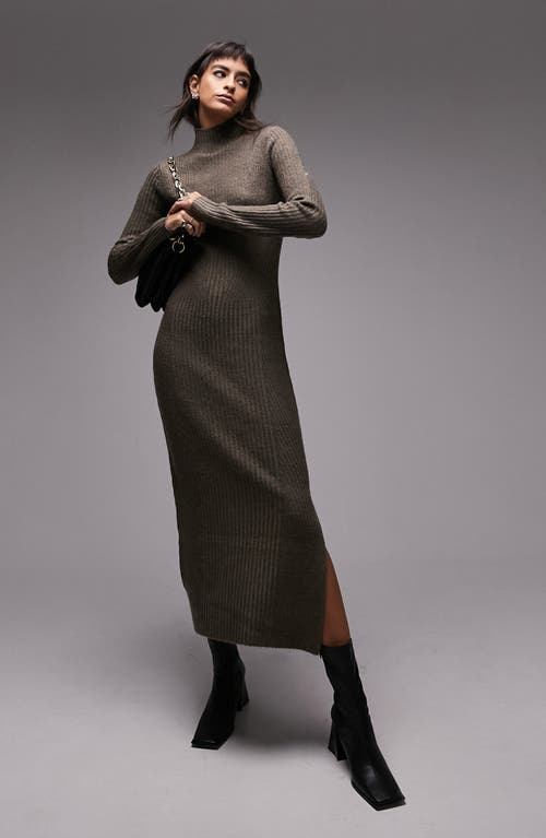 Long Sleeve Funnel Neck Rib Sweater Dress in Charcoal