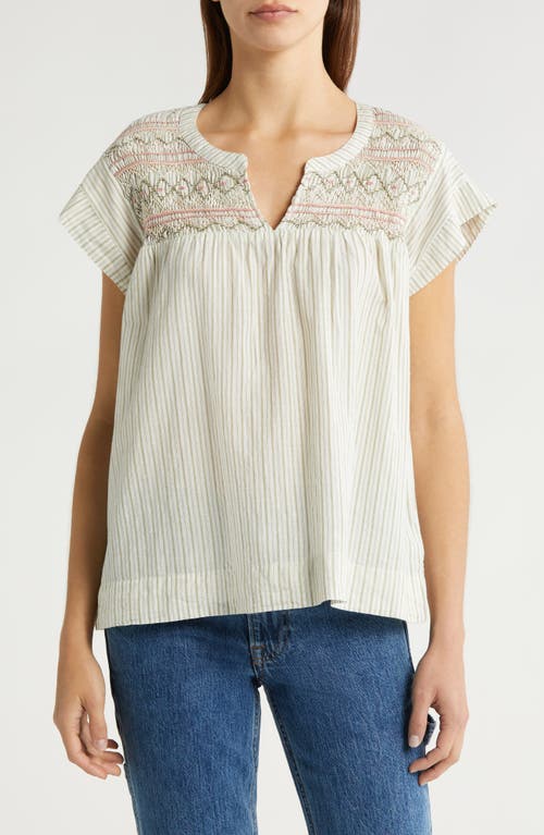 Lucky Brand Stripe Smocked Short Sleeve Cotton Top Green at Nordstrom,