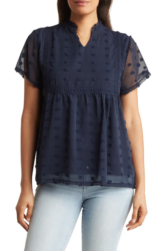 Forgotten Grace Crochet Clip Dot Blouse In Navy