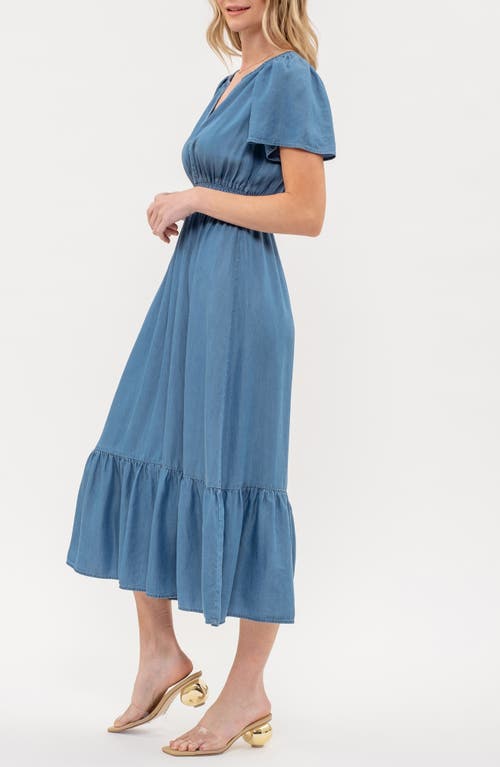 August Sky Split Neck Flutter Sleeve Dress In Chambray