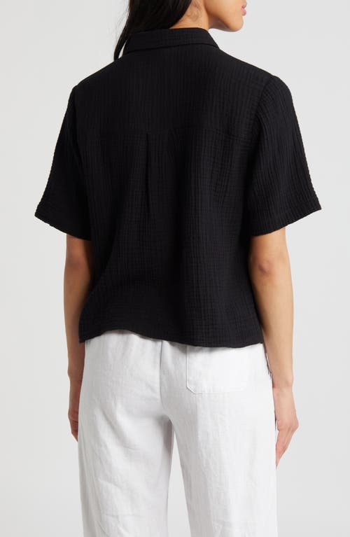 Shop Eileen Fisher Classic Short Sleeve Organic Cotton Gauze Button-up Shirt In Black