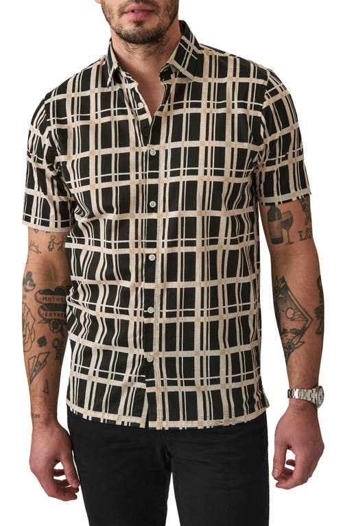 Big On-Point Short Sleeve Organic Cotton Button-Up Shirt in Black Textured Plaid