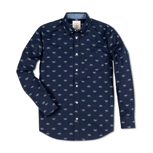 Hope & Henry Organic Stretch Poplin Shirt In Navy Bicycle Print