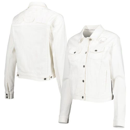 Women's Lusso White Golden State Warriors Swarovski Crystal & Distressed Button-Up Denim Jacket