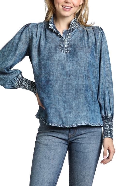 Shop Apny Moon Wash Balloon Sleeve Button-up Shirt In Indigo