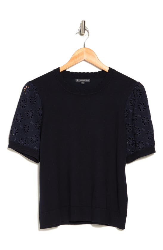 Adrianna Papell Eyelet Sleeve Crewneck Cropped Sweater In Blue Moon