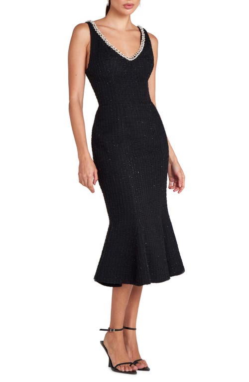 Shop Nadine Merabi Penelope Embellished Trim Tweed Midi Cocktail Dress In Black