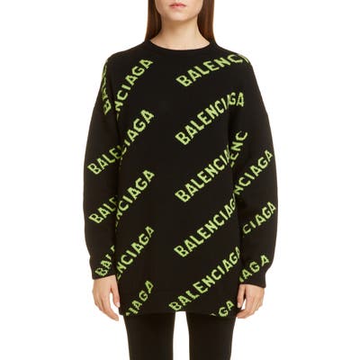 Balenciaga Oversize Logo Jacquard Wool Blend Sweater, Black