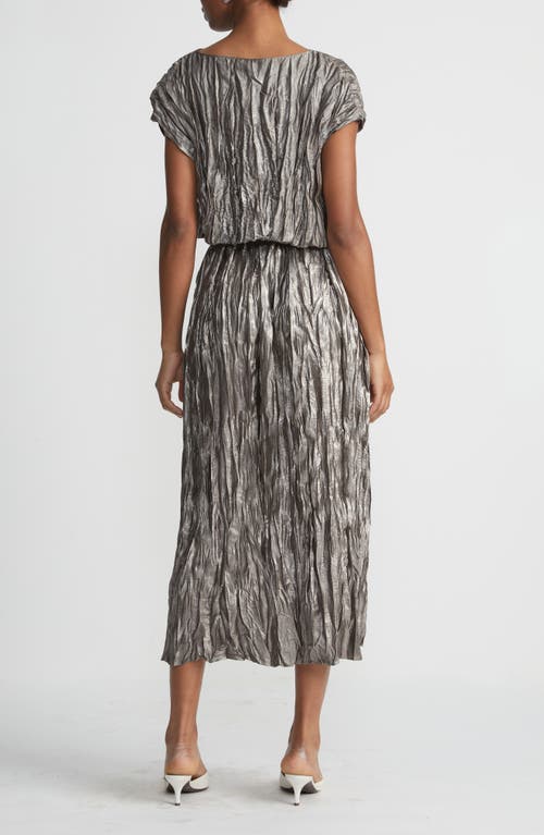 Shop Lafayette 148 New York Metallic Foil Plissé Midi Dress In Pewter Metallic