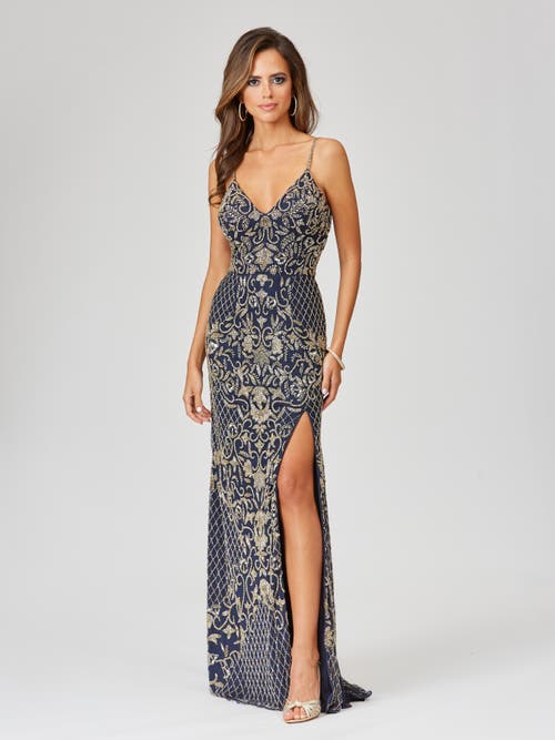 Lara New York Beaded Tank Dress With Slit In Navygold