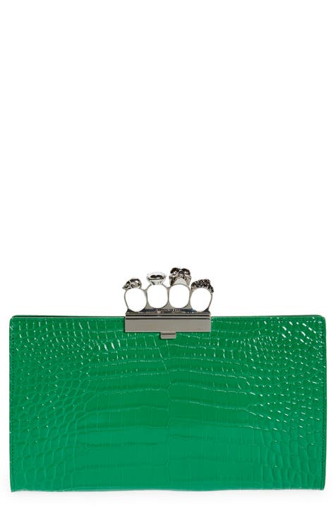 Alexander McQueen Women's Skull Four-Ring Crystal Box Clutch Emerald Green