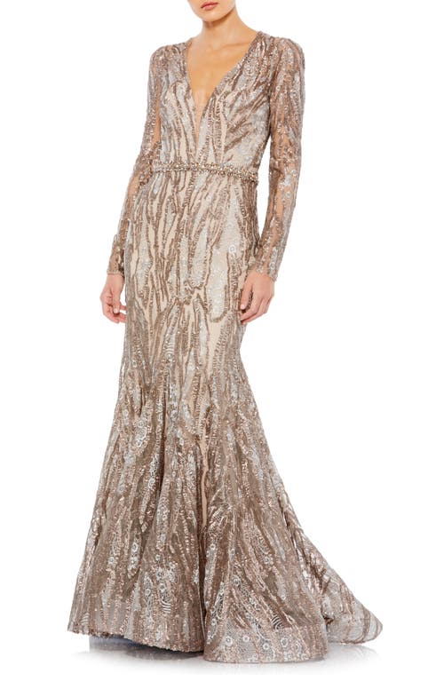 Mac Duggal Plunge Neck Sequin Long Sleeve Mermaid Gown Taupe at Nordstrom,