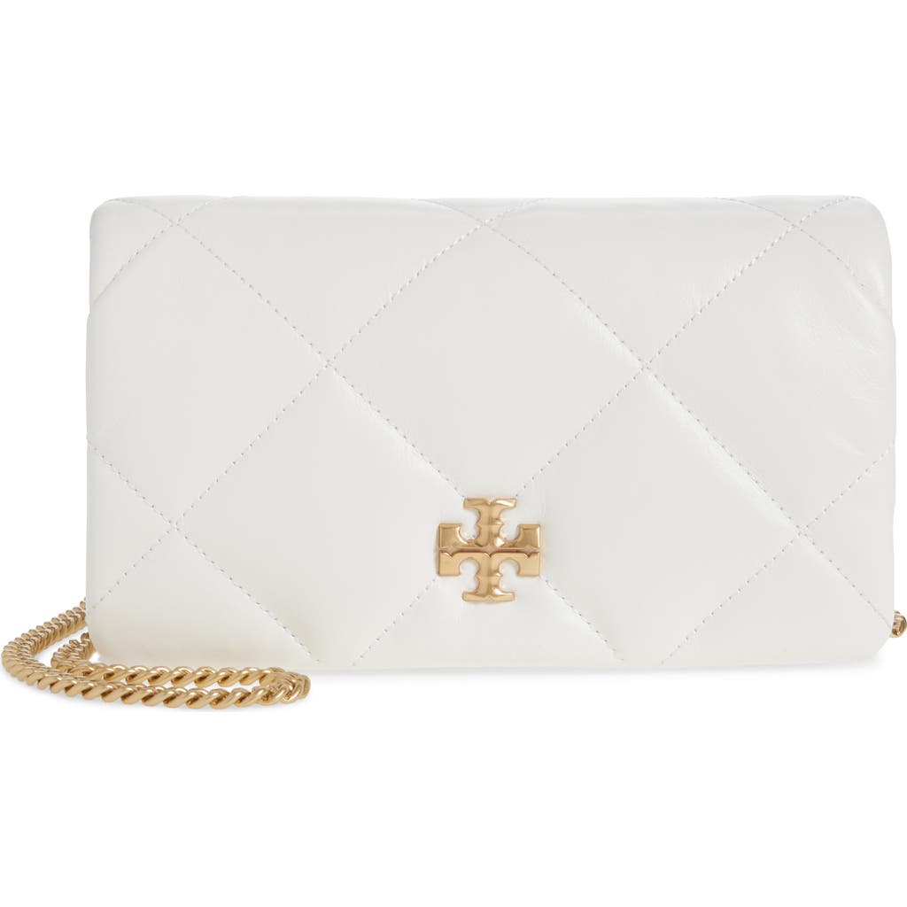 Tory Burch Kira Diamond Quilted Leather Wallet On A Chain In Blanc/gold