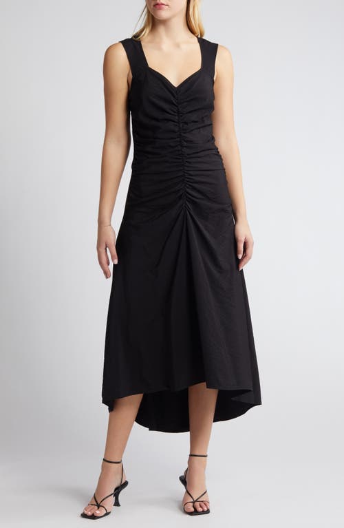 Ruched High-Low Midi Dress in Black