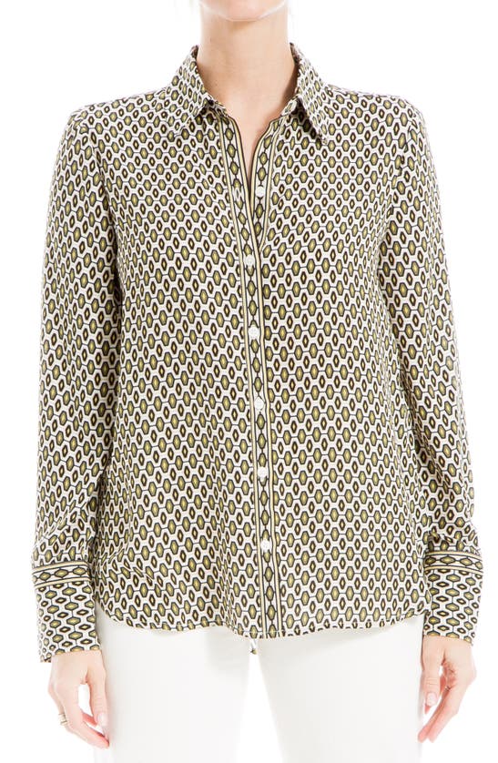 Max Studio Printed Long Sleeve Button-up Shirt In Cream/ Army Sml Hxgn Lttce