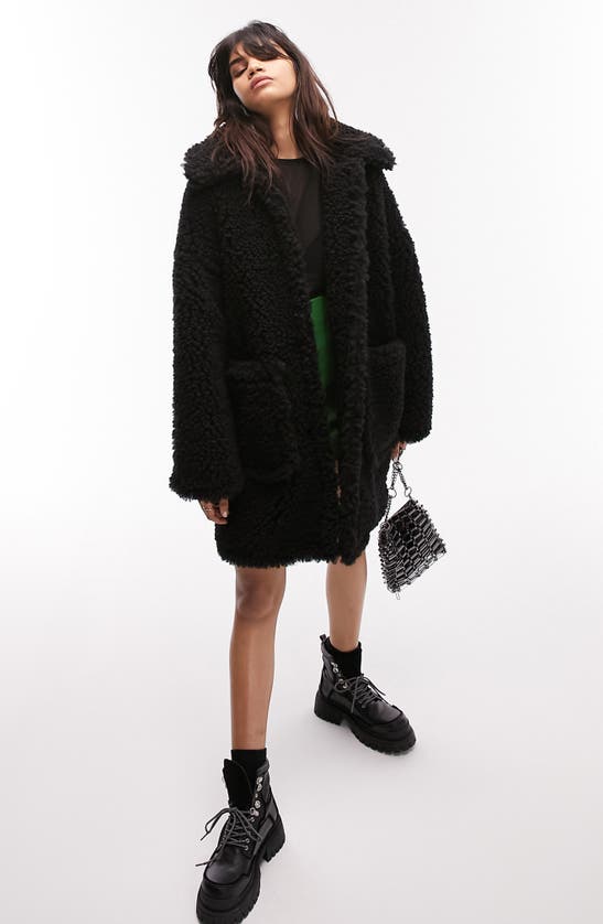 Topshop Chunky Faux Shearling Coat In Black