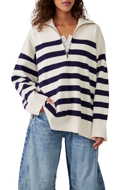 Free People Coastal Stripe Half-Zip Pullover in Champange Navy Combo