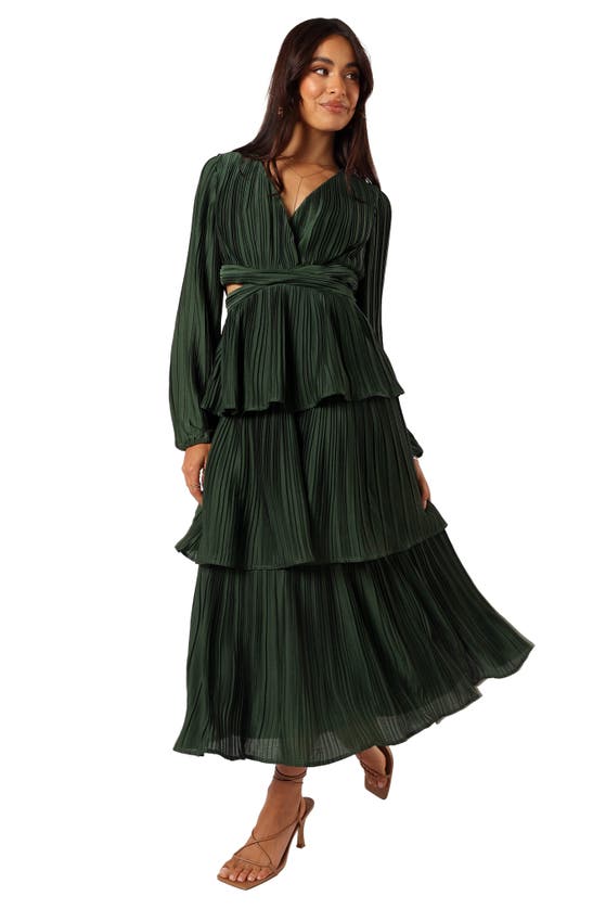 Petal And Pup Petal & Pup Pippa Side Cutout Long Sleeve Tiered Midi Dress In Green