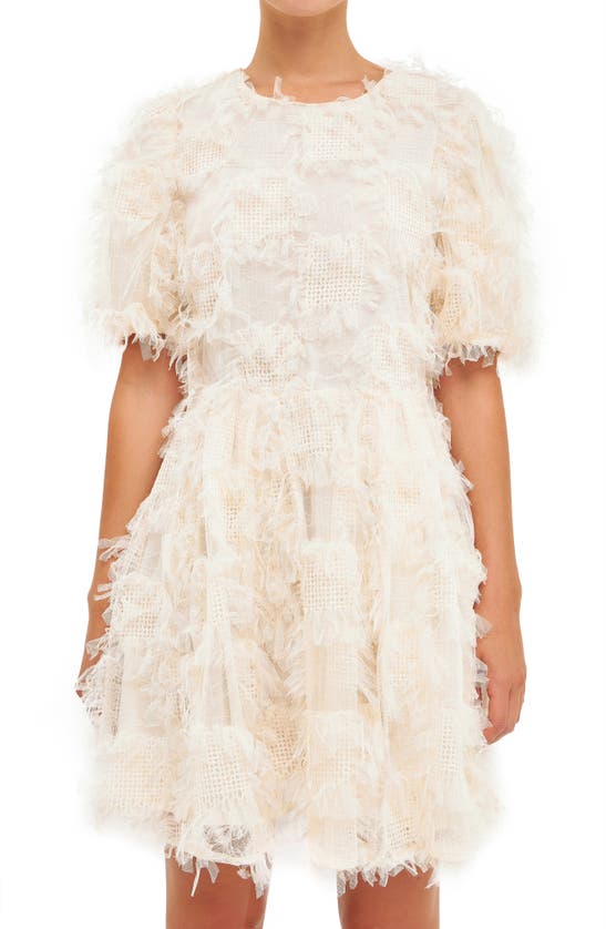 Shop Endless Rose Feathered Mesh Puff Sleeve Minidress In Cream