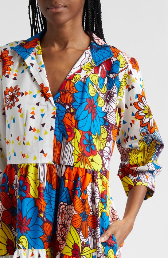Shop The Oula Company Mixed Print Tiered High-low Shirtdress In Blue Orange Ruby Golden