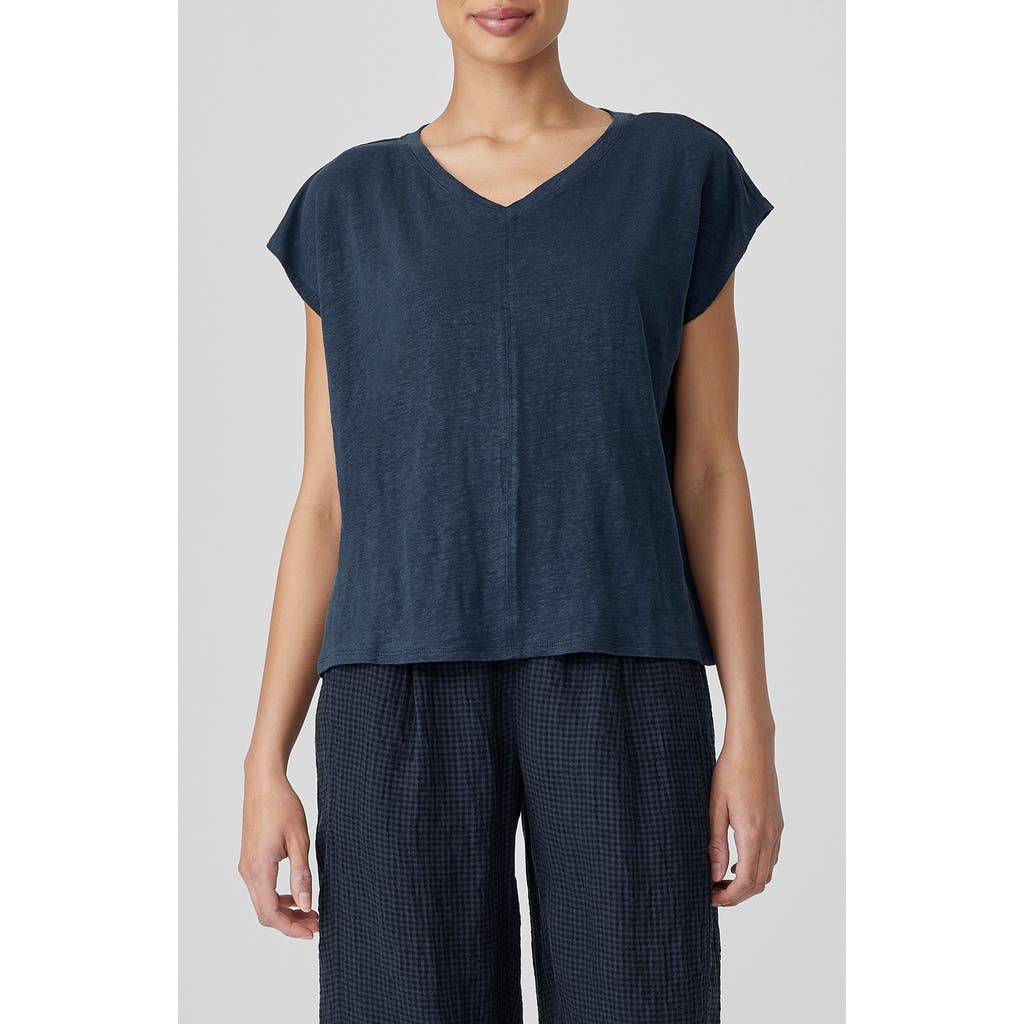 Eileen Fisher V-neck Organic Linen T-shirt In Blue