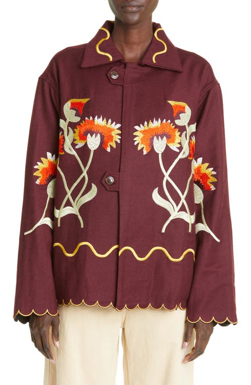 Bode French Marigold Embroidered Merino Wool Jacket in Maroon Multi