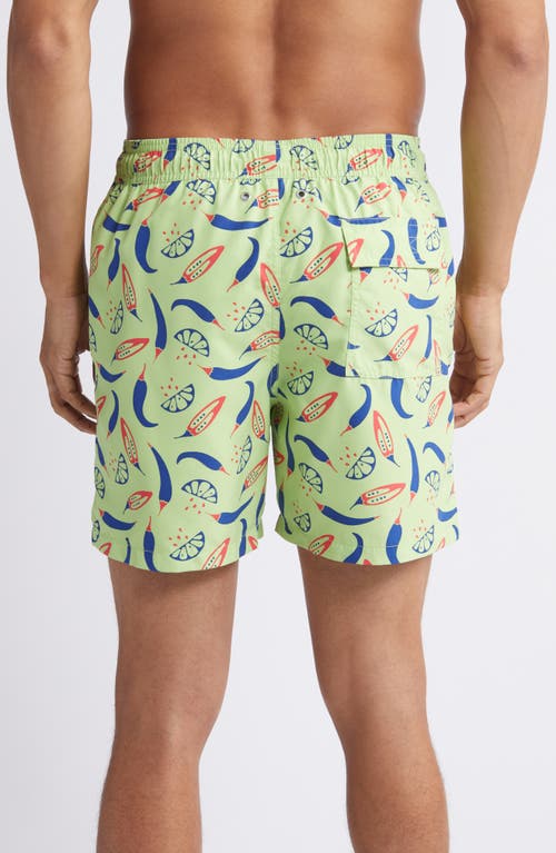 Shop Tom & Teddy Chilli Print Performance Swim Trunks In Lime/blue