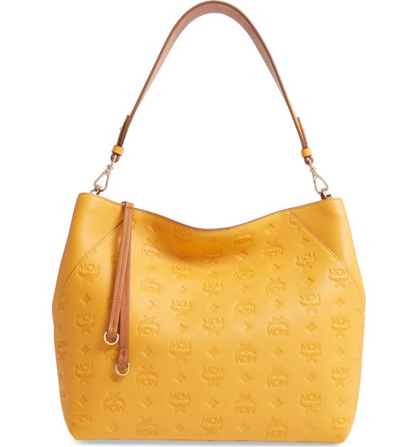 Shop Mcm Medium Klara Monogram Leather Hobo Yellow In Golden Mango Shop Mcm Medium Klara Monogram Leather Hobo Yellow In Golden Mango