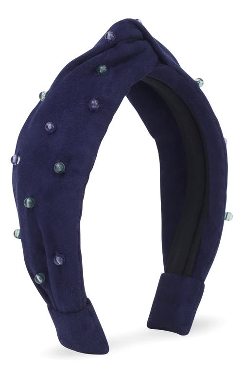 Autumn Adeigbo Mirabella Faux Suede Knotted Headband in Sapphire Blue Suede