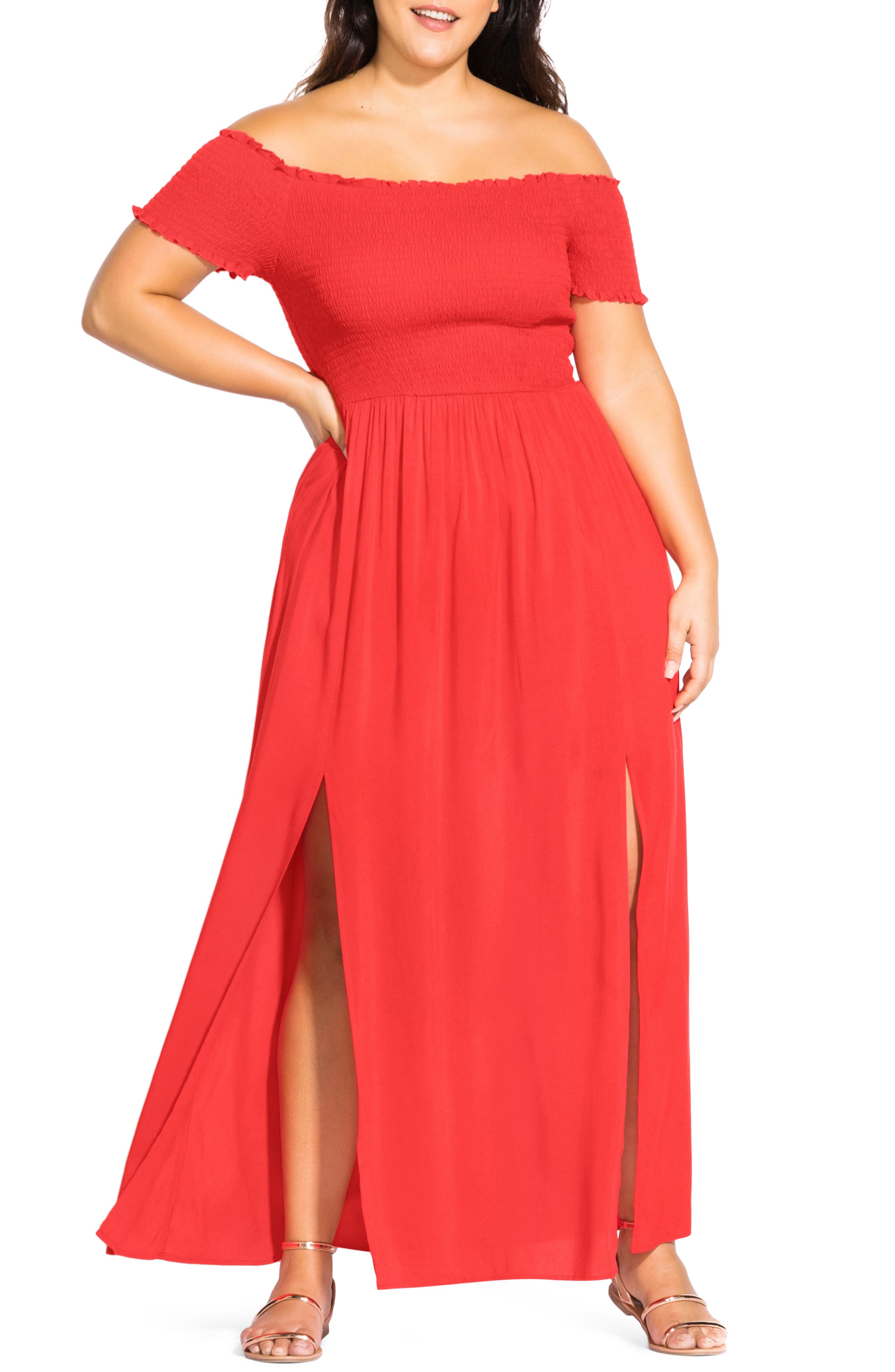 Plus Size City Chic Summer Passion Off The Shoulder Maxi Sundress, Red