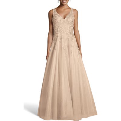 Xscape Embroidered Chiffon Evening Dress, Pink