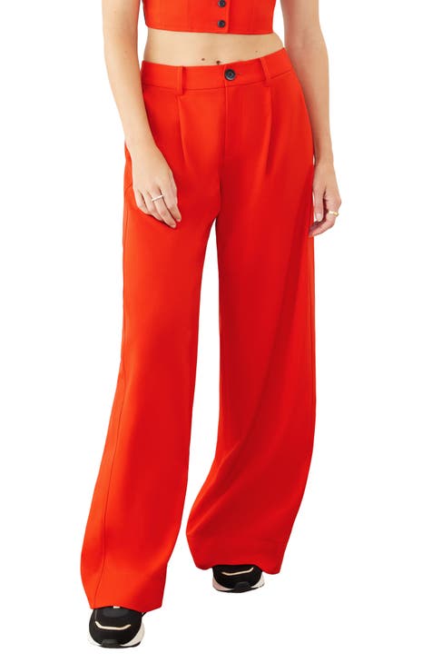 Dadaria Wide Leg Pants for Women Petite Length Solid Button with Pocket  Elastic Waist Long Pants Red S,Female