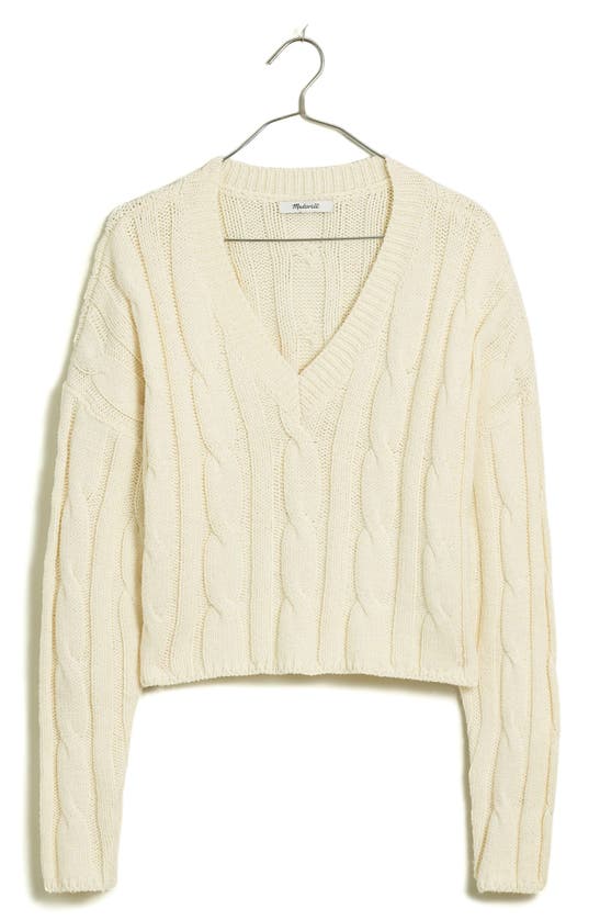 Madewell Cable Knit V-neck Crop Sweater In Antique Cream