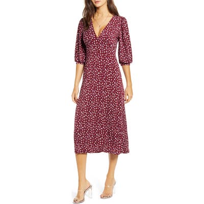 All In Favor Print Blouson Sleeve Midi Dress, Burgundy