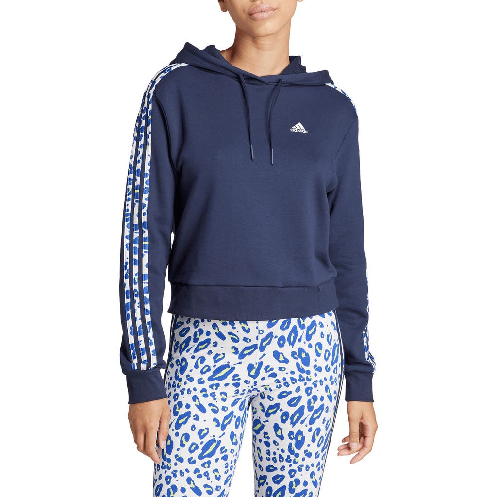 Shop Adidas Originals Adidas 3-stripes Leopard Print Crop Pullover Hoodie In Ink/crystal White