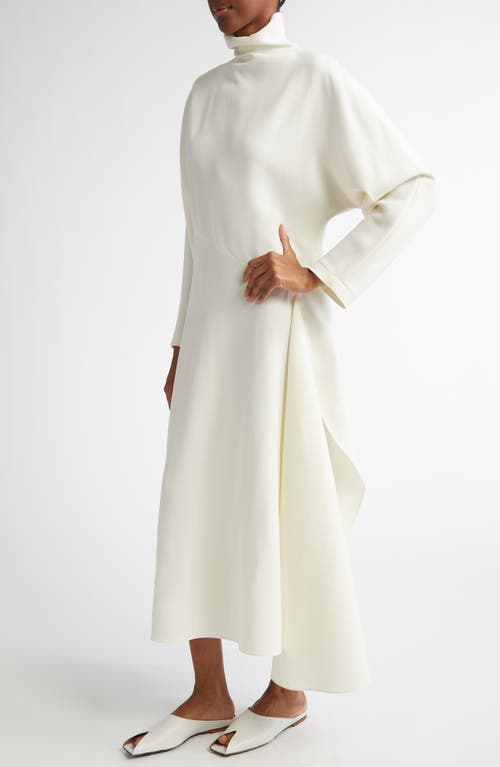 Shop Alaïa Fluid Long Sleeve Silk & Wool Cady Asymmetric Dress In Blanc