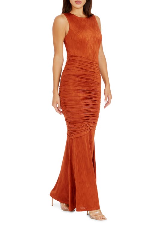 Shop Dress The Population Violetta Ruched Sleeveless Gown In Burnt Orange