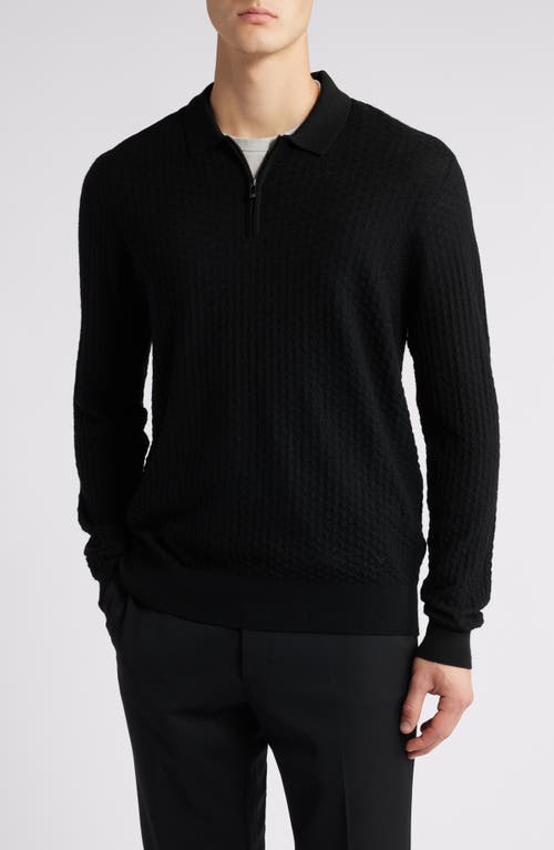 Emporio Armani Textured Wool Quarter Zip Sweater In Solid Black