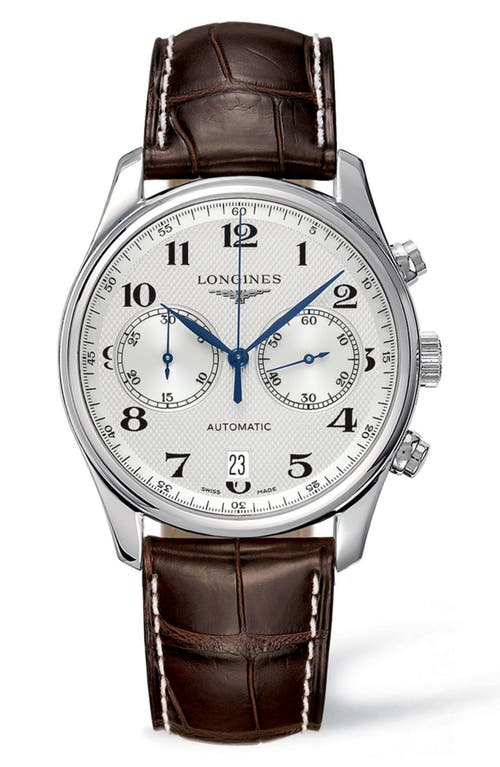 Longines Master Automatic Chronograph Leather Strap Watch, 40mm in Brown/Silver at Nordstrom