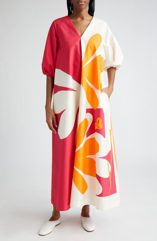 Shop Marimekko Karkelo Kolmikko Floral Colorblock Stretch Cotton Shift Dress In Fuchsia/ Orange/ Off White